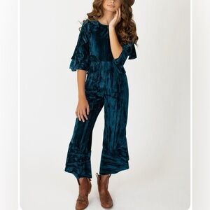 NEW Mia Joy Teal Velvet Jumpsuit, girls size 14
